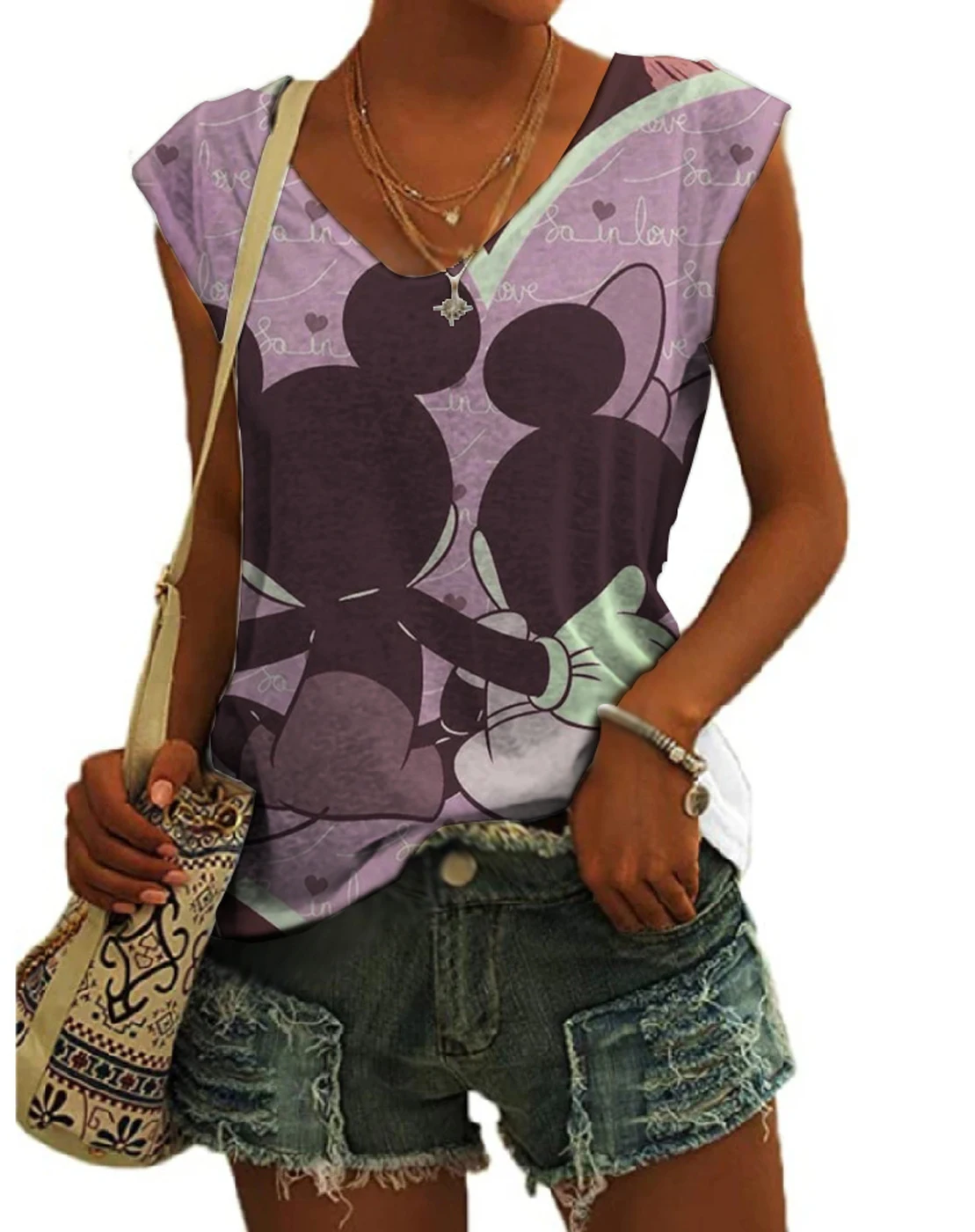 

New Street Style Disney Brand Mickey Minnie Anime Print Sleeveless Vest Summer Versatile Casual Ladies Slim V-Neck Top