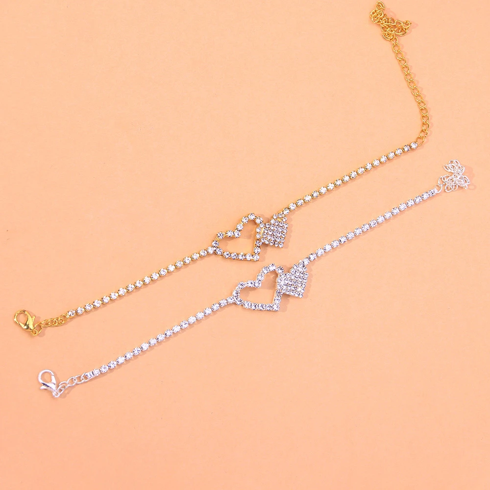 Ankle Chains New Rhinestone Double Heart Anklets for Women Bling Hollow Out Love Exquisite Foot Chain Summer Beach Foot Ornaments Jewelry