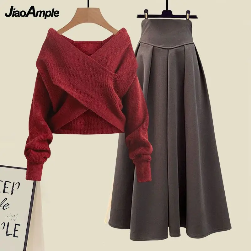 Women's Autumn Winter New Fashion Cross Knit Sweater Midi Skirt Two Piece Suit Korean Elegant Loose Pullover Dress Matching Set 6
