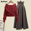 Women's Autumn Winter New Fashion Cross Knit Sweater Midi Skirt Two Piece Suit Korean Elegant Loose Pullover Dress Matching Set 6