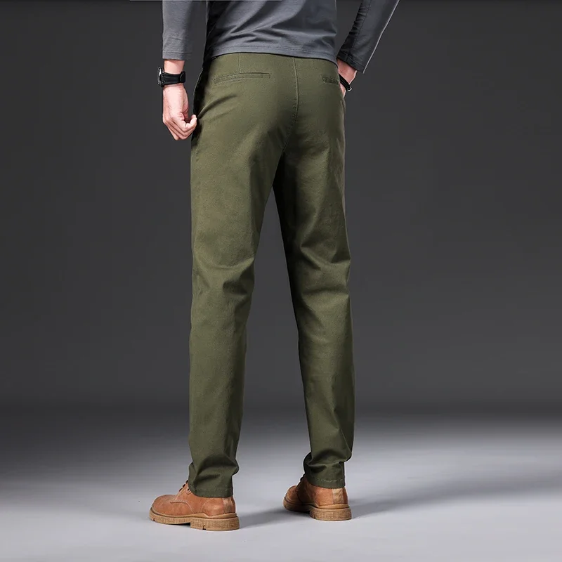 97% Cotton Men's Casual Pants Autumn Fashion Comfortable Elastic Slim Straight Business Trousers Black ArmyGreen Khaki 2