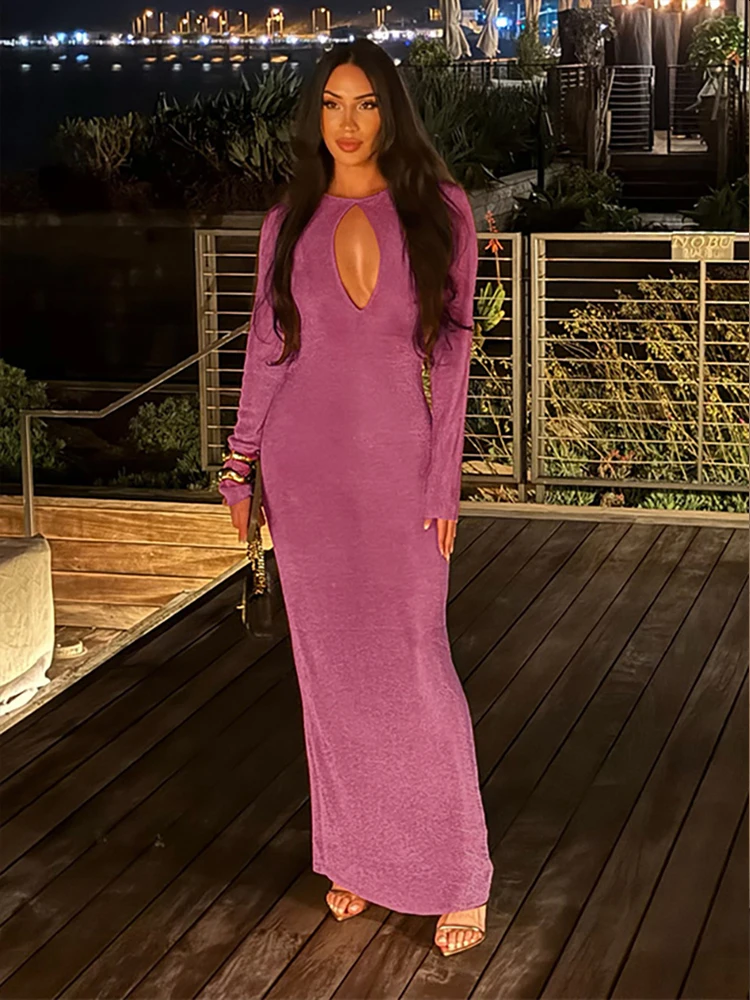 Nibber Elegant Maxi Dresses Woman  Bright Silk Autumn Style o-Neck Full Sleeve Hollow Design Robe Midnight Prom Party Vestidos