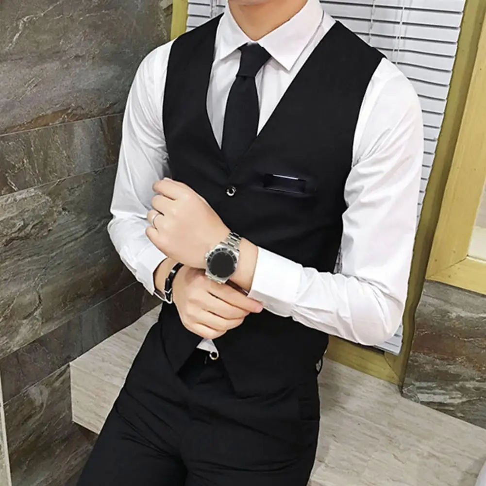 Men Suit V Neck Sleeveless Solid Color Waistcoat Slim Fit Single-breasted Cardigan Formal Business Coat Groom Wedding Coat mens suit dress vests