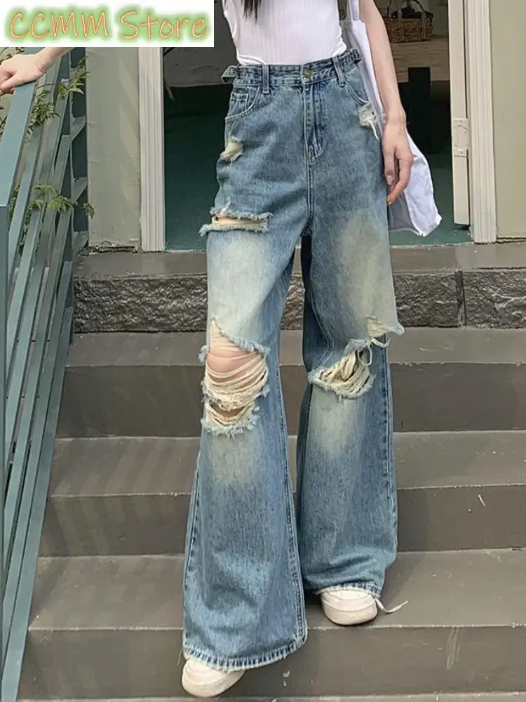 New Summer Bule Fashion Jeans Women Pockets High Street Vintage Denim Pants Female High Waist Korean Style Casual Pants
