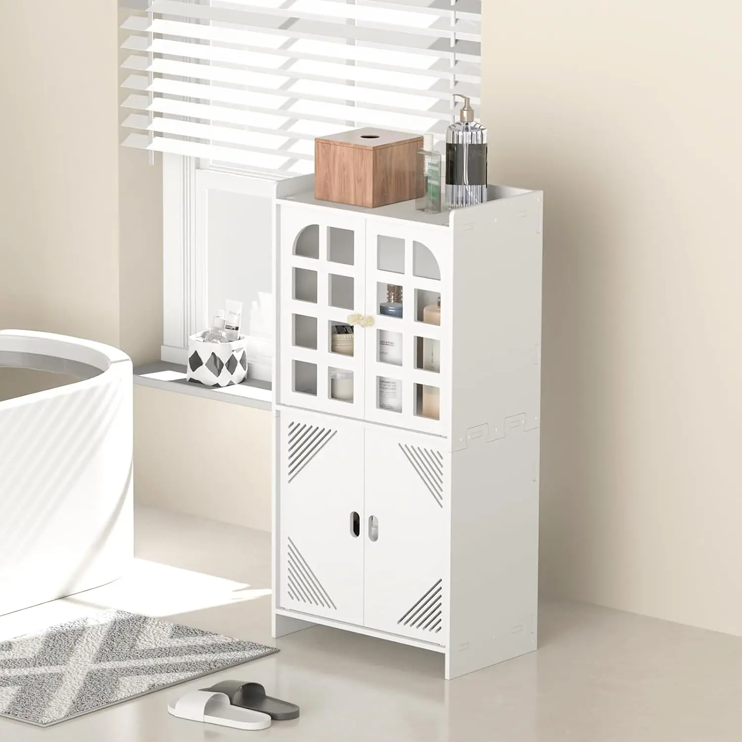 Bathroom Floor Cabinet 4 Tier, White Storage Cabinet with Doors, Free Standing Shelf Unit for Bathroom 20 x 20 x 117 cm