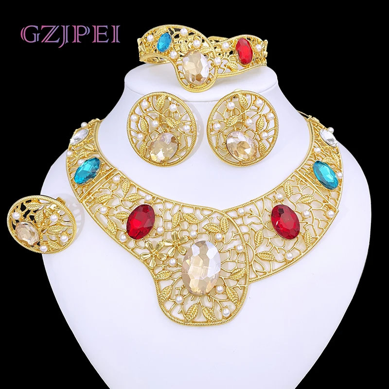 

Dubai Nigeria Jewelry Set For Women 18K Gold Plated Vintage Colored Stone Necklace Earrings Bracelet And Ring Party Set Jewelry