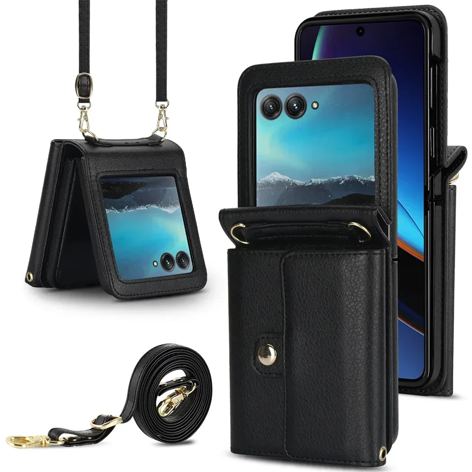 Motorola Razr 40 Ultra için Çapraz Askılı Deri Kılıf Moto Razr 40Ultra Cüzdan Kart Yuvası Tutucu Darbeye Dayanıklı Kapak Telefon Çantası_voghion.com