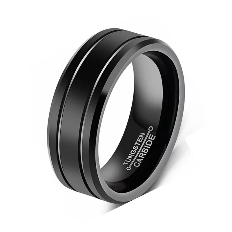 Men's 8mm Tungsten Carbide Ring Black Stainless Steel Ring Beveled Edge Wedding Band Size 6-13 Comfort Fit wedding rings finger rings fashion rings fashion ring stainless steel rings metal rings
