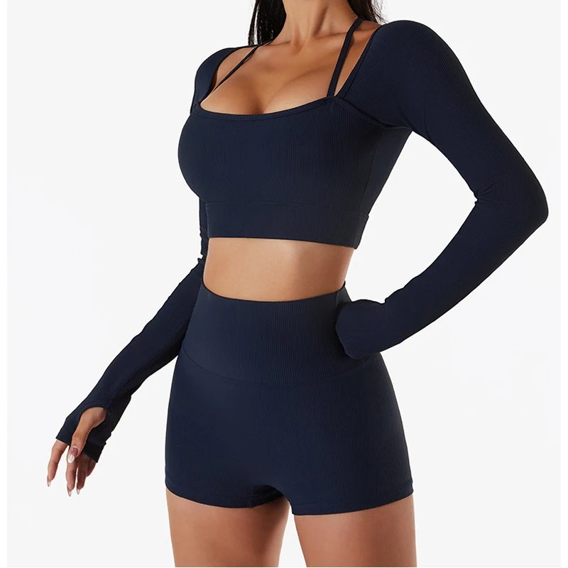 Women's Seamless Crop Top Fitness Shirts Long Sleeve Sports Top Female Yoga Tops Activewear Shoulder Strap