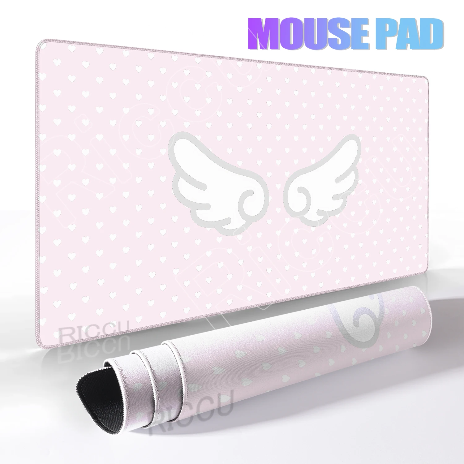 Pink Minimalist Aesthetic Desk Mat with Love Wing Design – Non-Slip Rubber Mousepad Rug