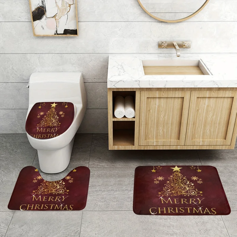 3-piece non slip christmas happy pattern bathroom mat set, bathtub carpet, toilet U-shaped mat, toilet cover, bathroom decoratio