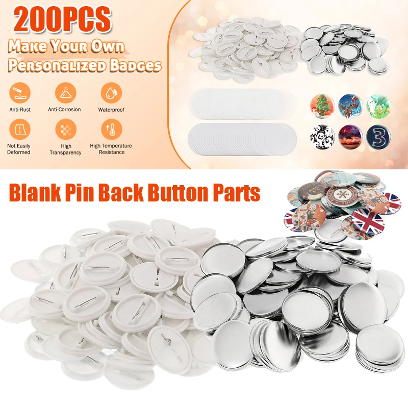 200 Sets Blank Pin Back Button Parts for Button Maker Machine 25mm 32mm 37mm 44mm Round Badge Making Supplies with Metal Cover badge parts button making supplies