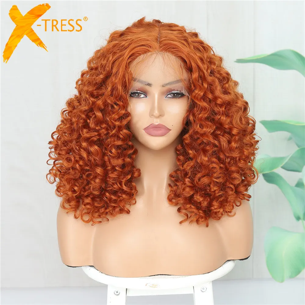 X TRESS Ginger Color Synthetic Lace Front Wigs Fluffy Bouncy Curl