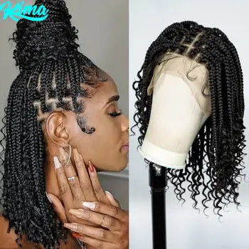 Knotless Box Braided Wigs with Curly Ends Synthetic Full Lace Boho Braided Lace Wigs Lace Frontal Braids Wig for Black Women