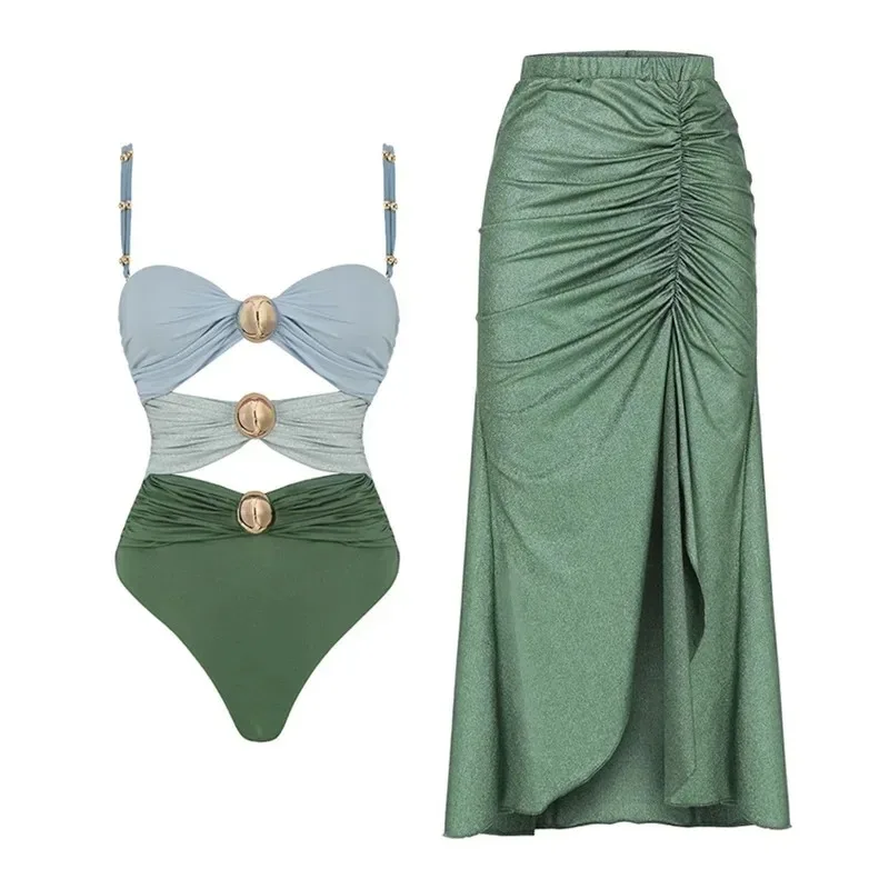 Hollowen One Piece Swimsuit With Cover Up Sexy Swimwear Women Off Shoulder Swim Suits Patchwork Bathsuit Belt Bodysuit Beachwear