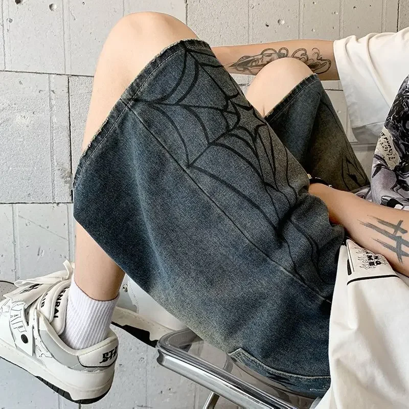 Korean Harajuku Spider Cobweb Print Denim Short for Men Y2k Retro Wash Hip Hop Punk Grunge Jeans Shorts Summer Women Streetwear