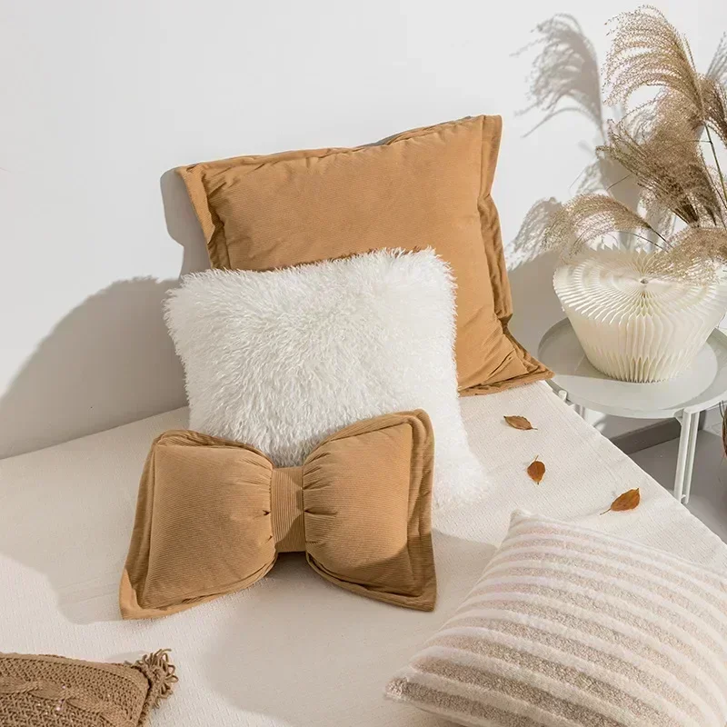 Ins Cute Bow Cushion Solid Color Princess Seat Chair Cushion Sofa Decorative Throw Pillows Pompom Cushions 3