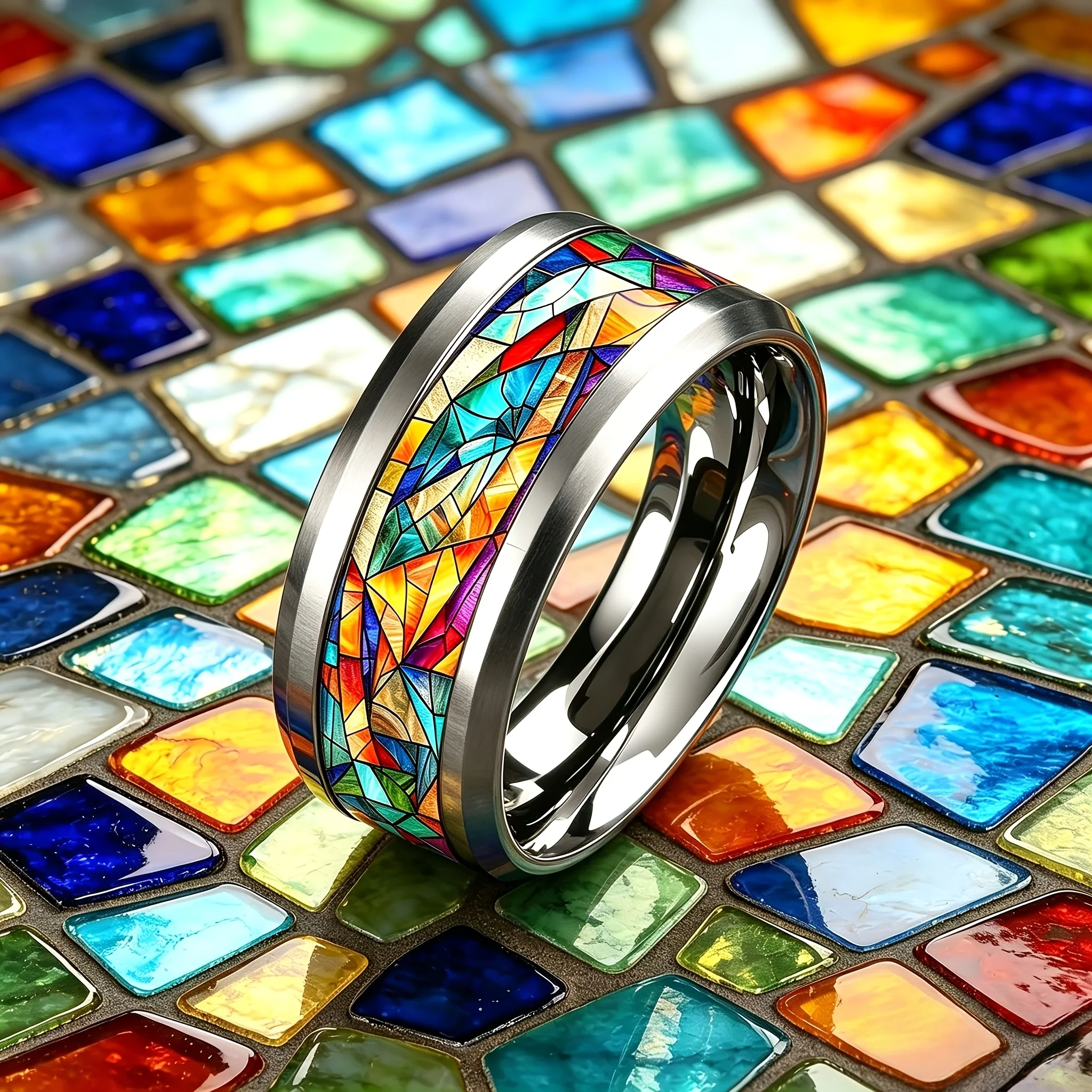 Anello con motivo in vetro colorato scintillante, anelli in acciaio inossidabile stile bohémien per donne, uomini, studenti, fedi nuziali, gioielli, regali - immagine 3