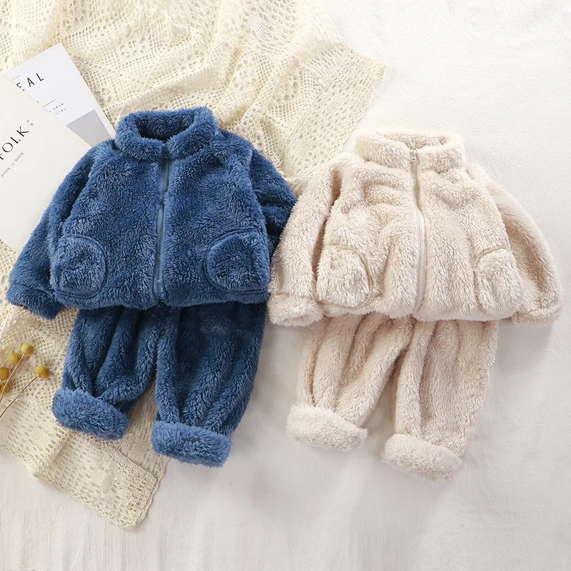 

Baby Boy Girl Clothes Set Flannel Fleece Tops Jacket + Pants Infant Toddler Child Warm Hooded Home Suit Winter Autumn