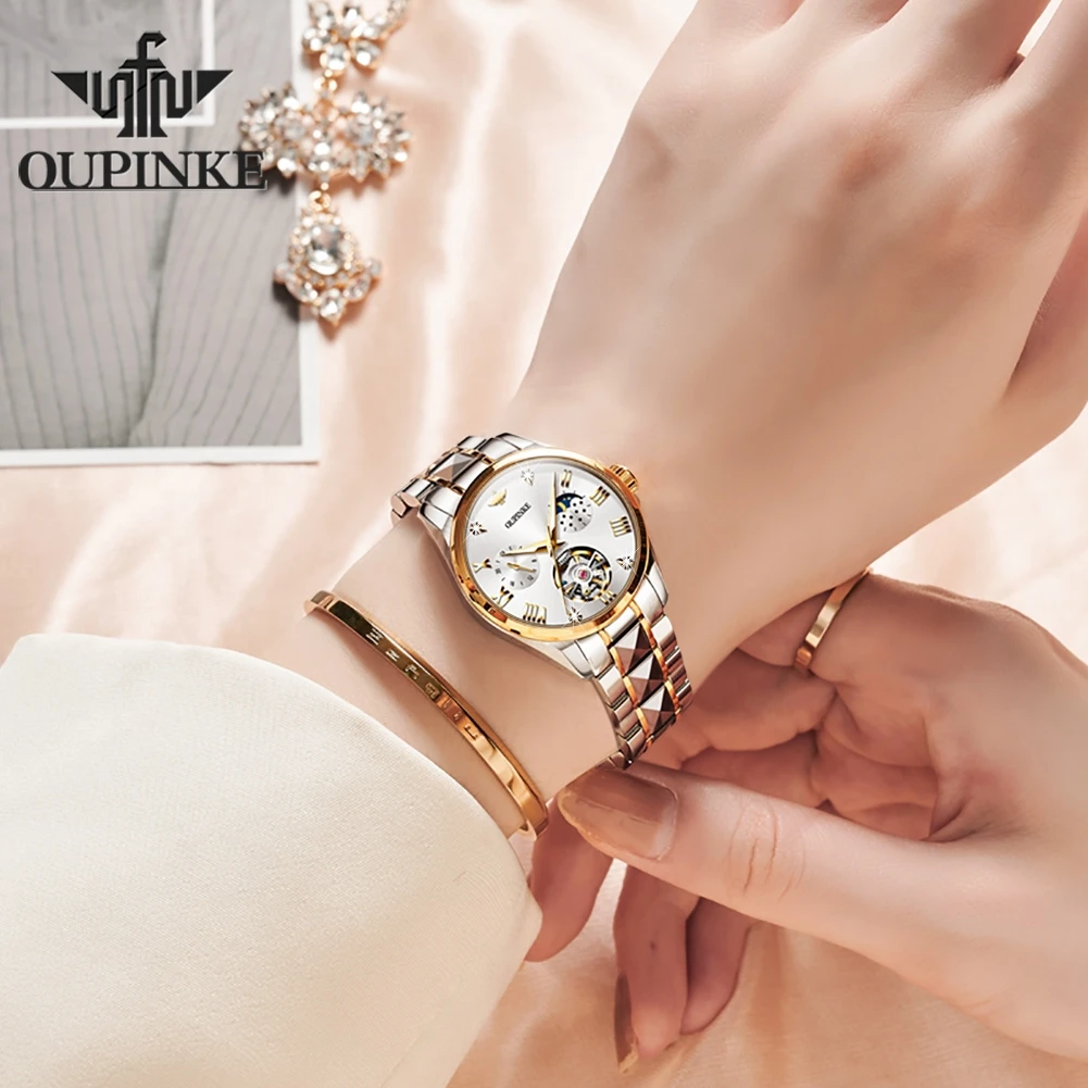 OUPINKE 3202 Brand Skeleton Women's Mechanical Watch Tungsten steel sapphire 50m Waterproof Luxurious Elegant Lady Wristwatch 3