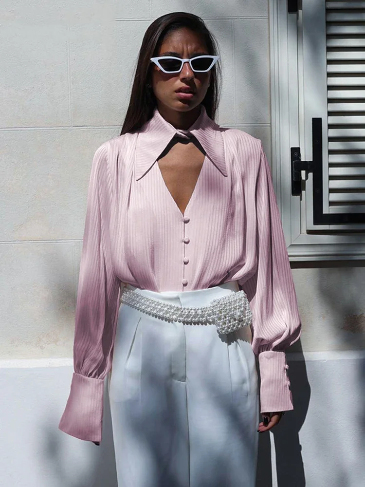 

2024 Fashion Women's Shirt Lapel V-neck Stripe Long Sleeves Hollow Out Single Breasted Loose Blouse Autumn