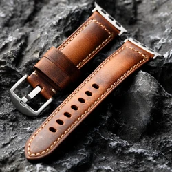 Handmade Vintage Brown Cowhide Leather Watch Strap - 45mm 44mm 42mm (Silver - buckle)
