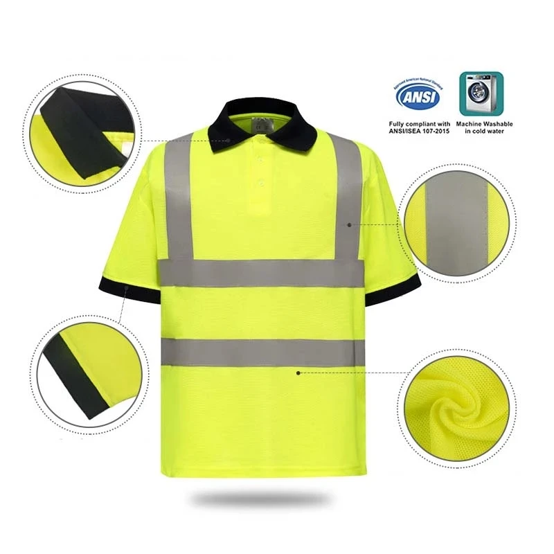 Hi Vis 반팔 폴로 짧은 안전 폴로 셔츠, 네이비 옐로우 오렌지, 높은 가시성 반사 작업 셔츠