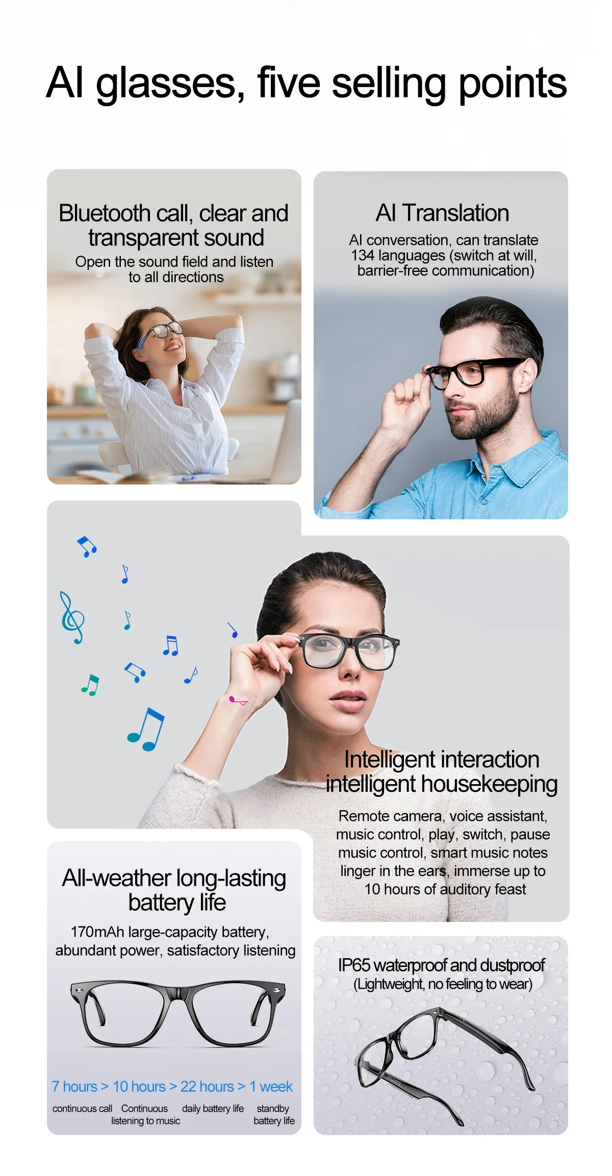 W100 Smart Glasses 134 Online Language AI Automatic Dialogue Translation Bluetooth Glasses with Speaker Sports UV Protection voice translator language translator