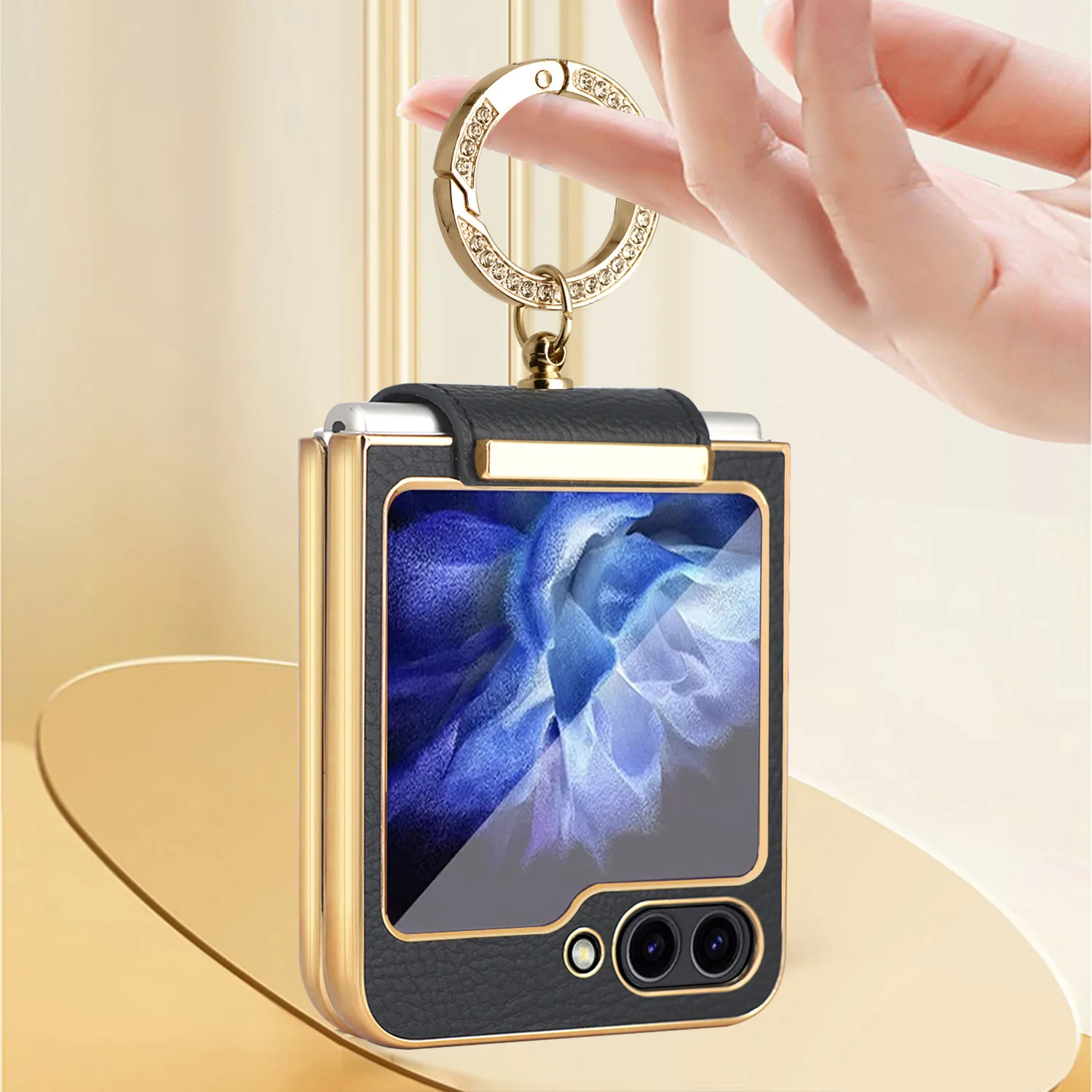 For Samsung Galaxy Z Flip 5 4 3 5G Case Colorful Matte Plain Leather Glitter Metal Ring With Mirror Film Folding Shockproof Case
