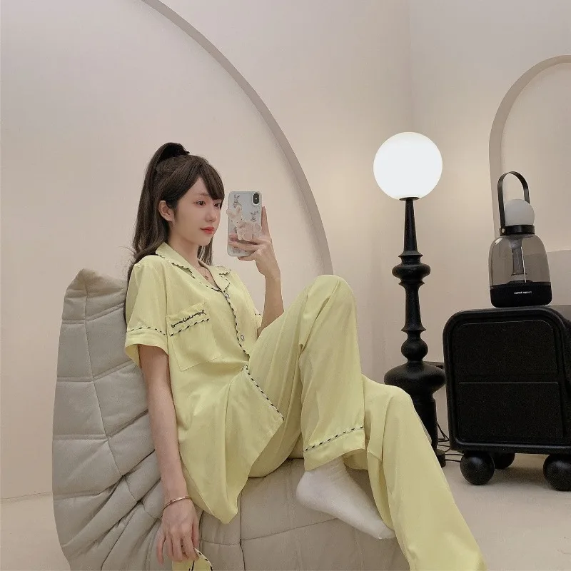 Summer Light Luxury Pajamas Women's Short Sleeved Sleepwear Ice Silk Casual Button Homewear V-neck Cardigan Thin Loungewear Set