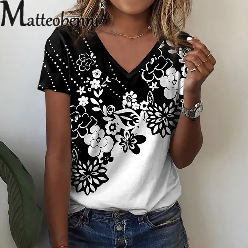 

Elegant Floral Print Loose V Neck T-Shirt Female 2023 Summer Daily Casual Short Sleeve Pullover Tees Women's Mori Style Tops New