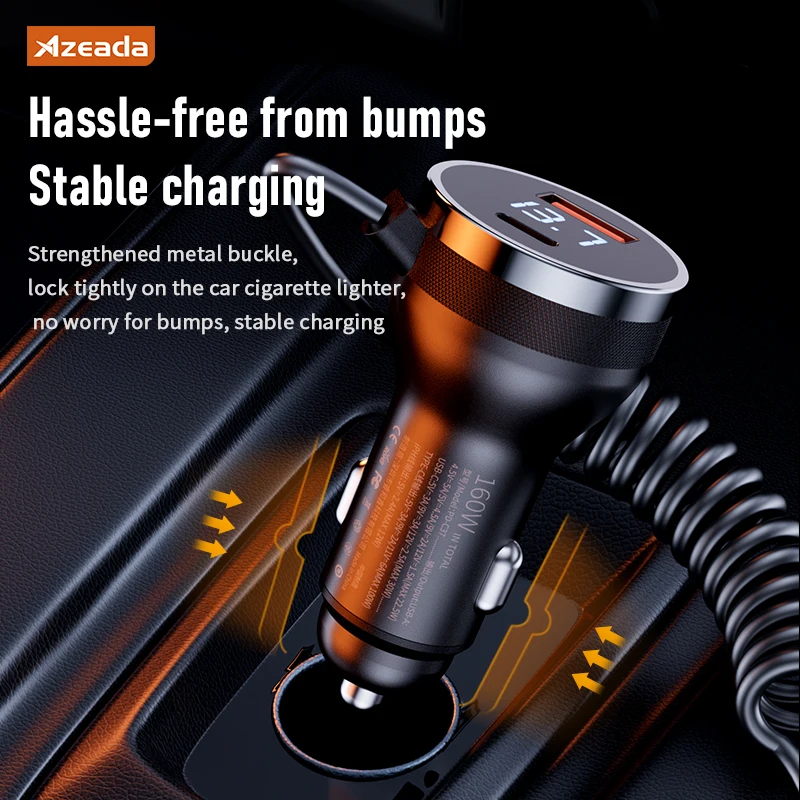 Gadgetoo Azeada 160W Usb Type C Fast Car Charger With Elastic Cable Portable For Iphone 15 14 Pro Max Tablets Gps Xiaomi 13 Oneplus Oppo