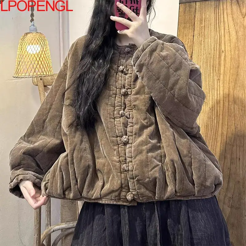 Inverno nuovo cappotto Vintage in velluto a coste Streetwear da donna spessa fibbia in stile cinese caldo monopetto in cotone tinta unita