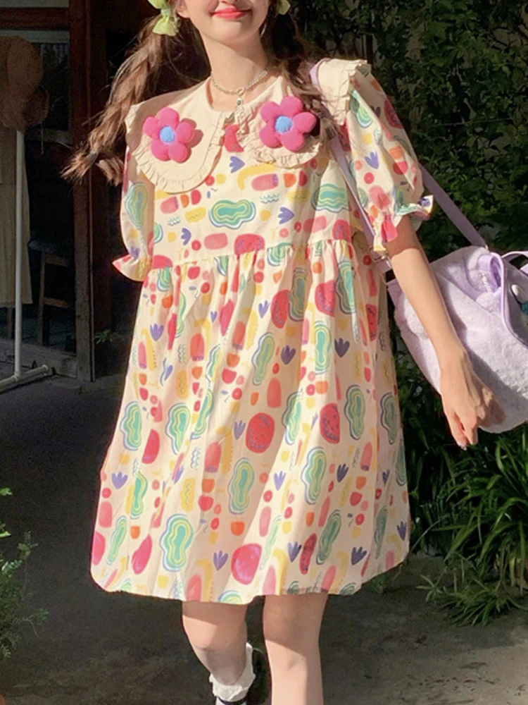 

KIMOKOKM Sweet Girly Three-dimensional Floral Peter Pan Collar Kawaii Vitality A-Line Temperament Mini Dresses Tender Dress