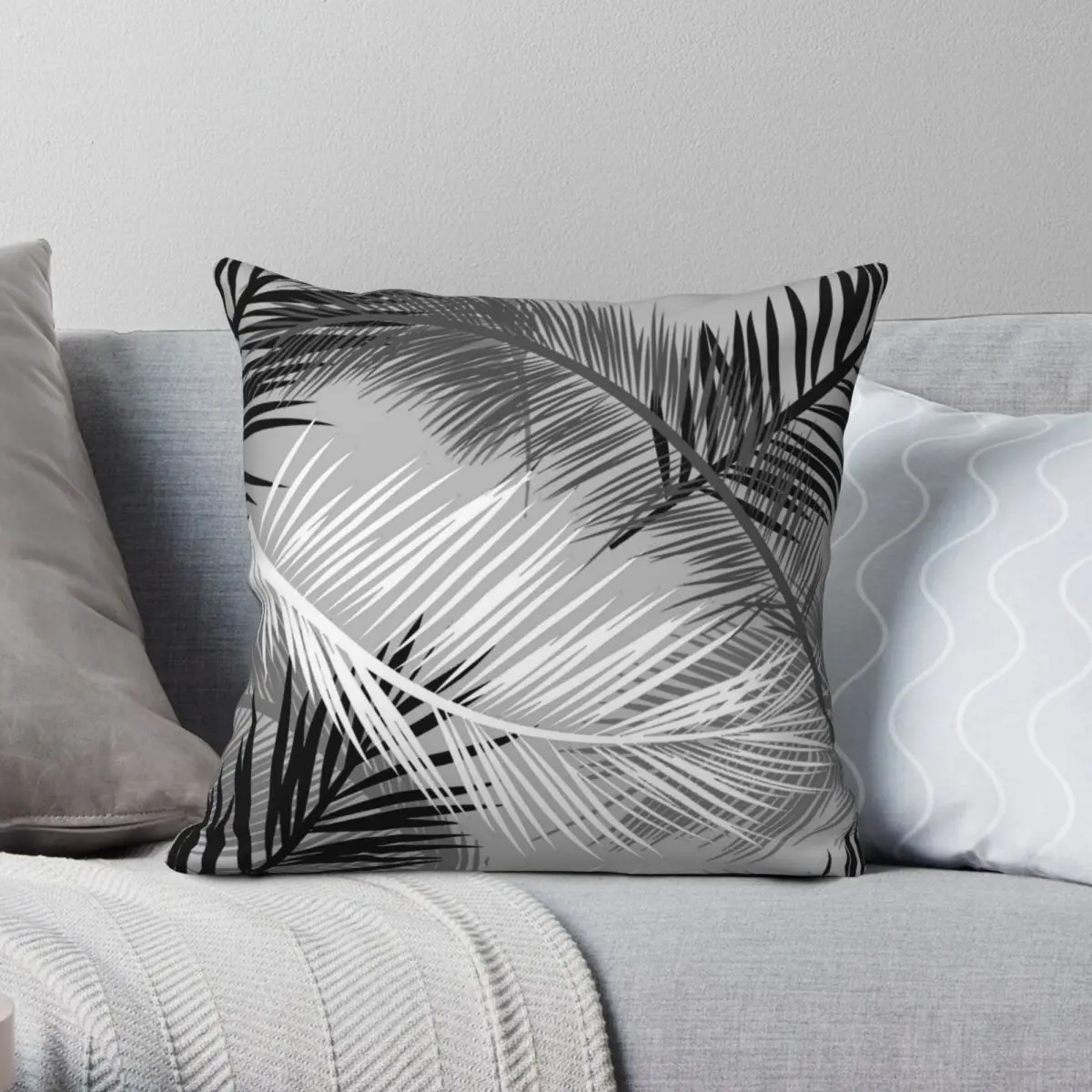 

Palm Leaf Print Gray Black And White Pillowcase Polyester Velvet Creative Zip Decor Pillow Case Sofa Cushion Cover