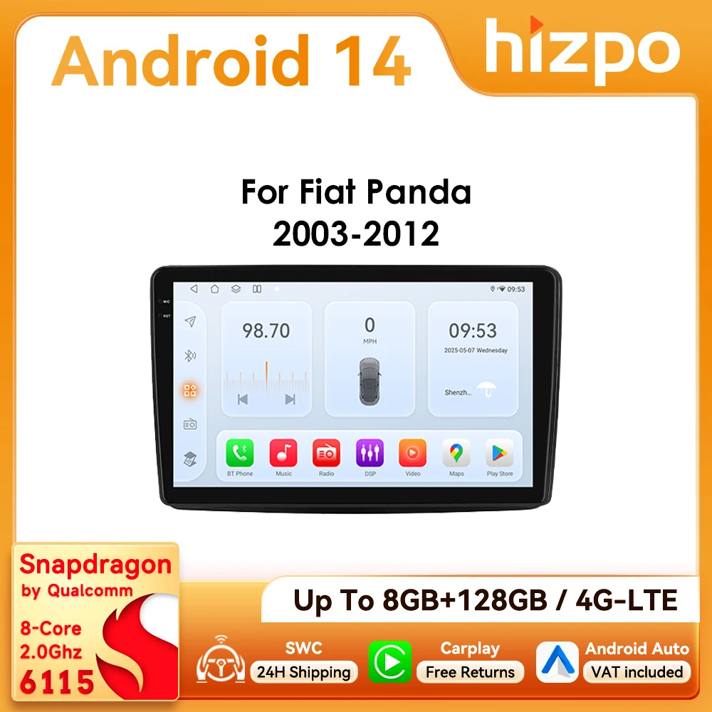 Hizpo 2Din 9 Zoll Android Autoradio für Fiat Panda 2003–2012 Snapdragon 6115 RDS DSP GPS Navi Auto Carplay 4G BT SWC 360 ° CAM