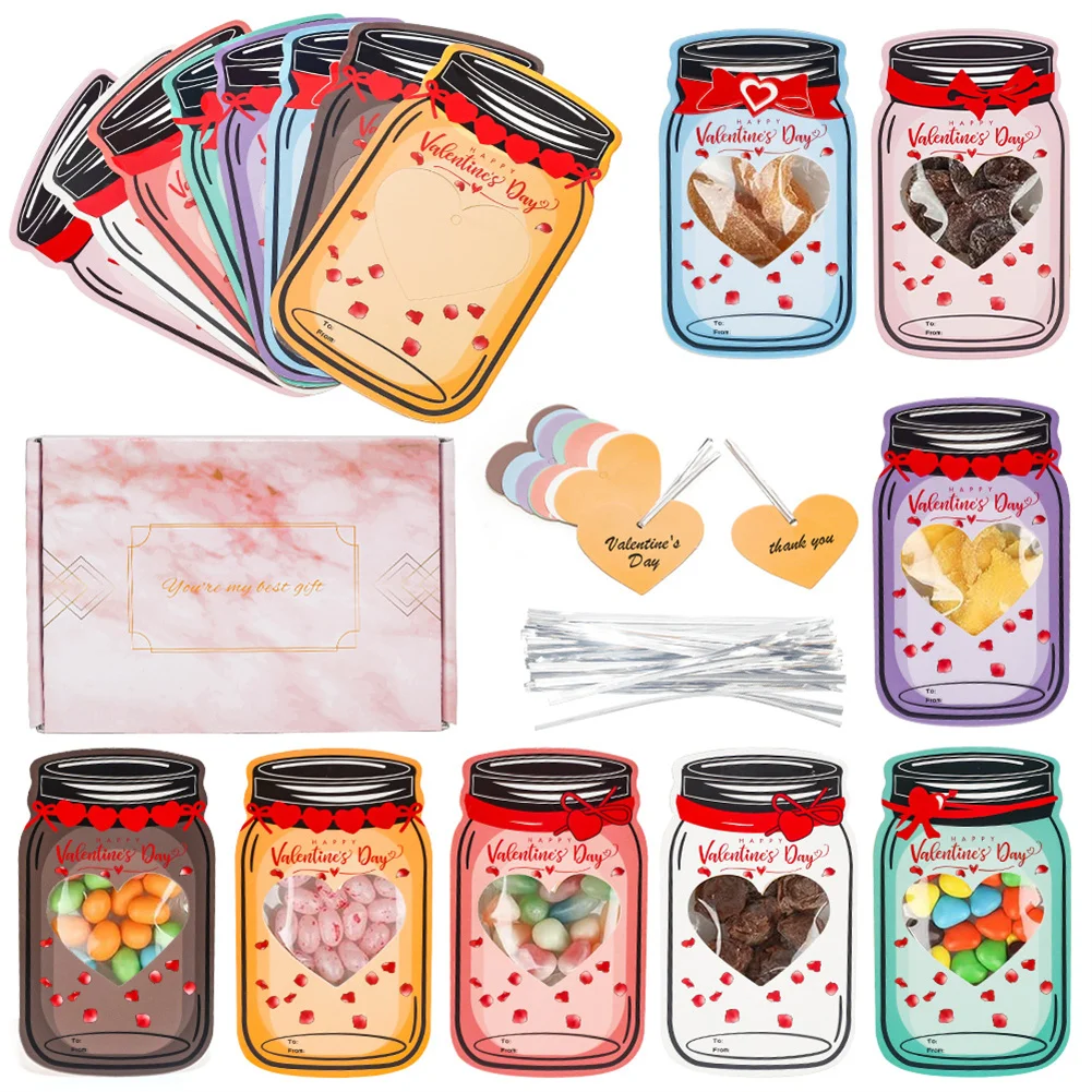 

48 Kraft Paper Candy Jar Valentine Cards Set Colorful Jars Happy Personalized Children's Valentine's Day Greeting Cards