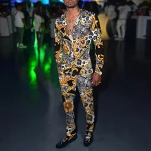 

Fashion Street Men's Suit Long-sleeved Shirt Single Button Matching Pocket Trousers Same Color 3D Speed Code Print Top Shirt