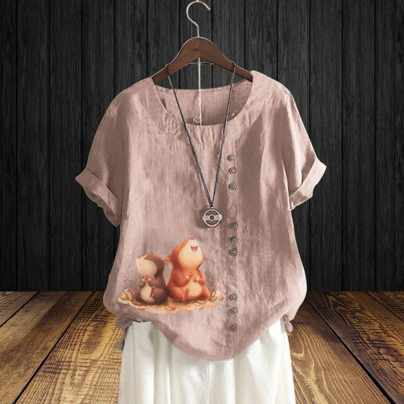

Arrival Summer Casual Retro Cotton Linen Cute Pattern Print Loose T Shirt O Neck Plus Size Women's Short Sleeve Shirt Top