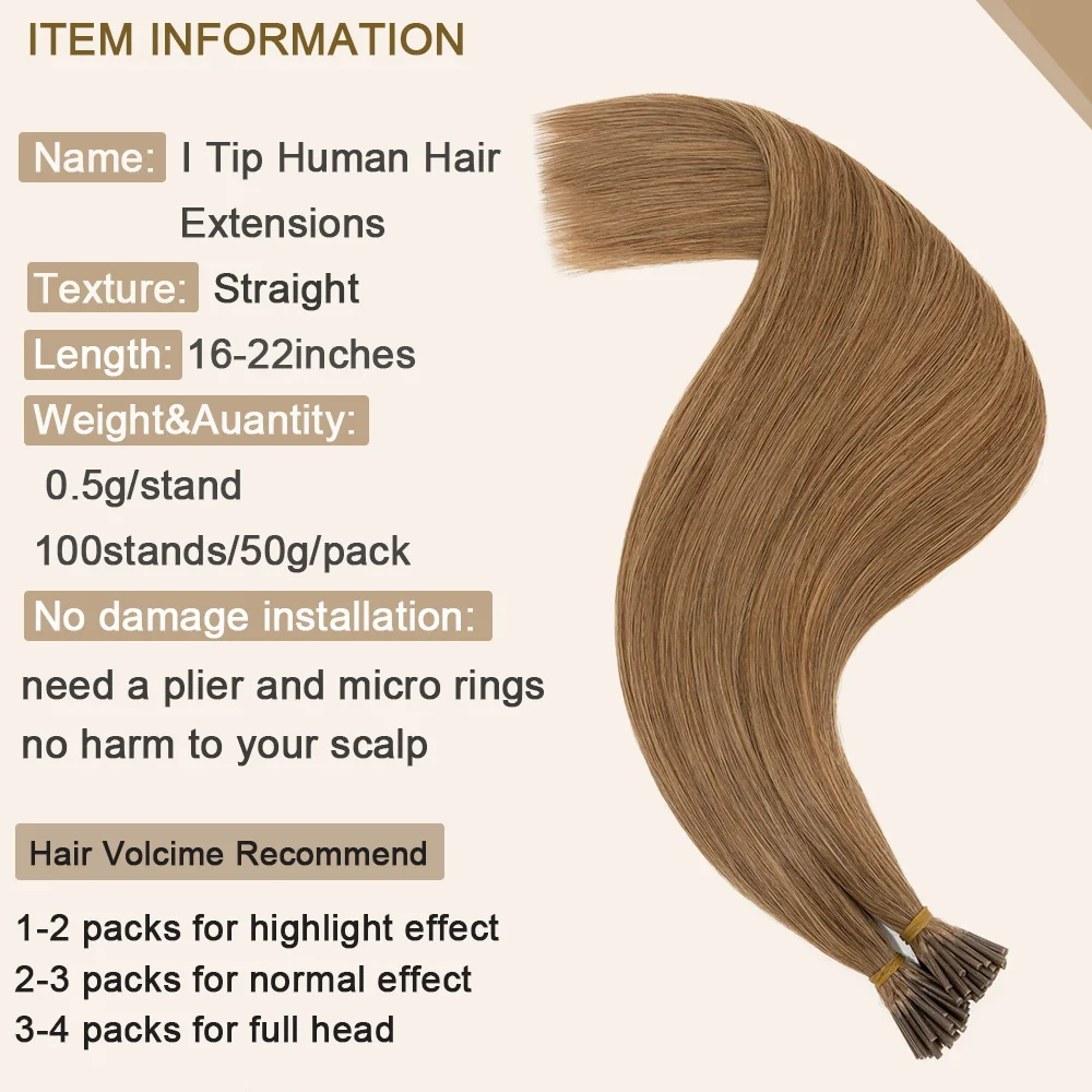SEGO 100Strands I Tip Hair Extensions Real Human Hair 0.5g/s Keratin Capsules Pre bonded Fusion Extensions 16''-22''