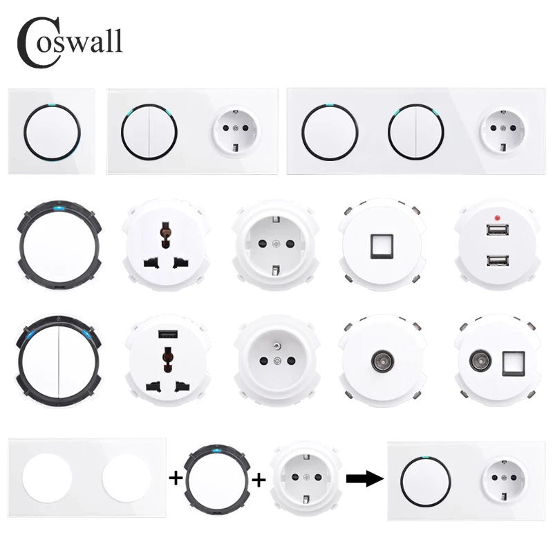 Фото Настенный выключатель с белой стеклянной панелью COSWALL R11, европейская французская розетка, USB-зарядное устройство, женский ТВ, модули RJ45 CAT6, «сделай сам», Бесплатная комбинация №1