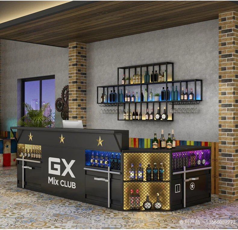 Bar Restaurant Bar Counter Wall Wine Cabinet Display Cabinet Against the Wall Luminous Simple Creative Mounted Shelf