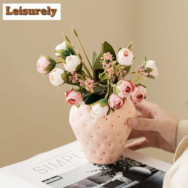 Creative Strawberry Ceramic Vase Zen Flower Insert Flower Basket Plant Pot Household Flowerpot Chinese Tea Set Accessories Gift