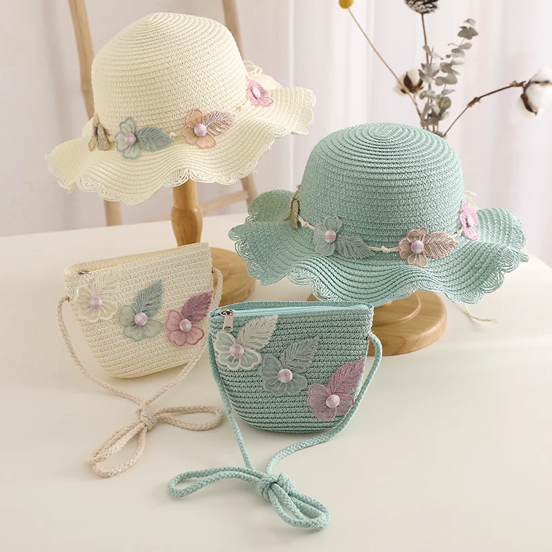 Fashion Straw Hat Handbag Set Kids Girls Summer Sun Protection Cap Travel Beach Sun Cap Portable Handbag Hat