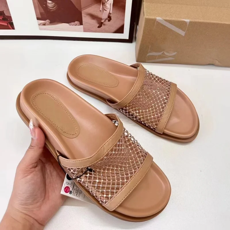 

Женские Дышащие сетчатые тапочки на плоской подошве, Летние повседневные сандалии с круглым носком и ремешком на пятке, Женские Удобные однотонные пляжные туфли, 2024