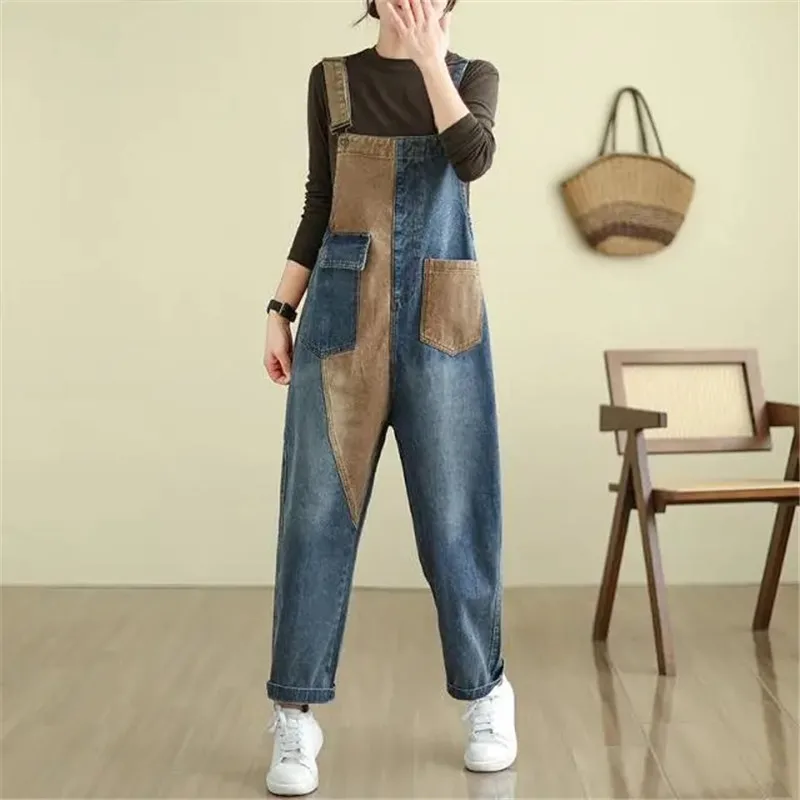 

Literary Oversized Jeans Jumpsuit Women 2024 Spring Autumn Loose Match Colors Denim Straps Pants Overall Playsuit Trousers Femme