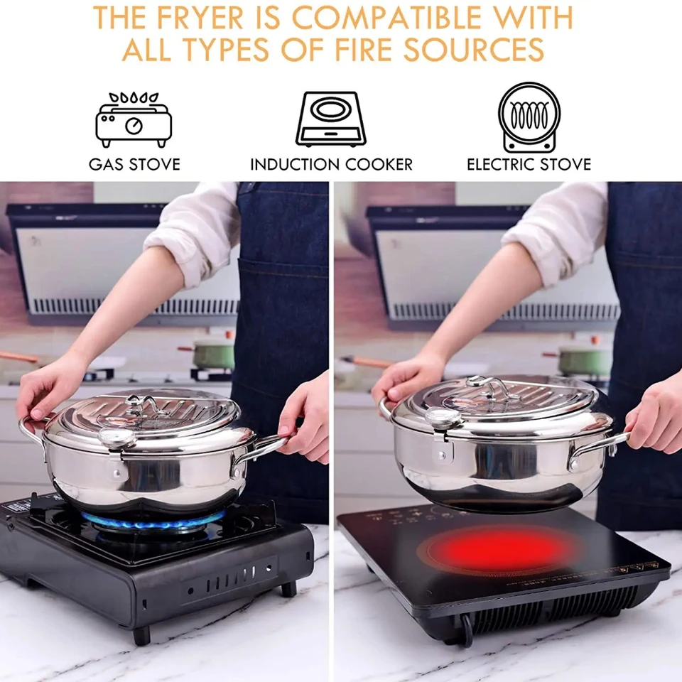 Japanse Stijl Frituurpan Mini Roestvrijstalen Frituurpan met Thermometer Inductiekookplaat Compatibel Koken Keukengerei voor Gasfornuis, Inductiekookplaten(L-24cm