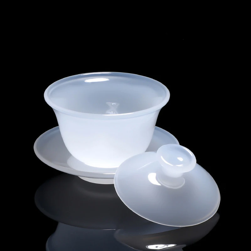 White Porcelain Jade Porcelain Teacup Cover Bowl Sancai Tea Bowl Small Glass Imitation Jade Glass Glazed Kungfu Tea Set Gift