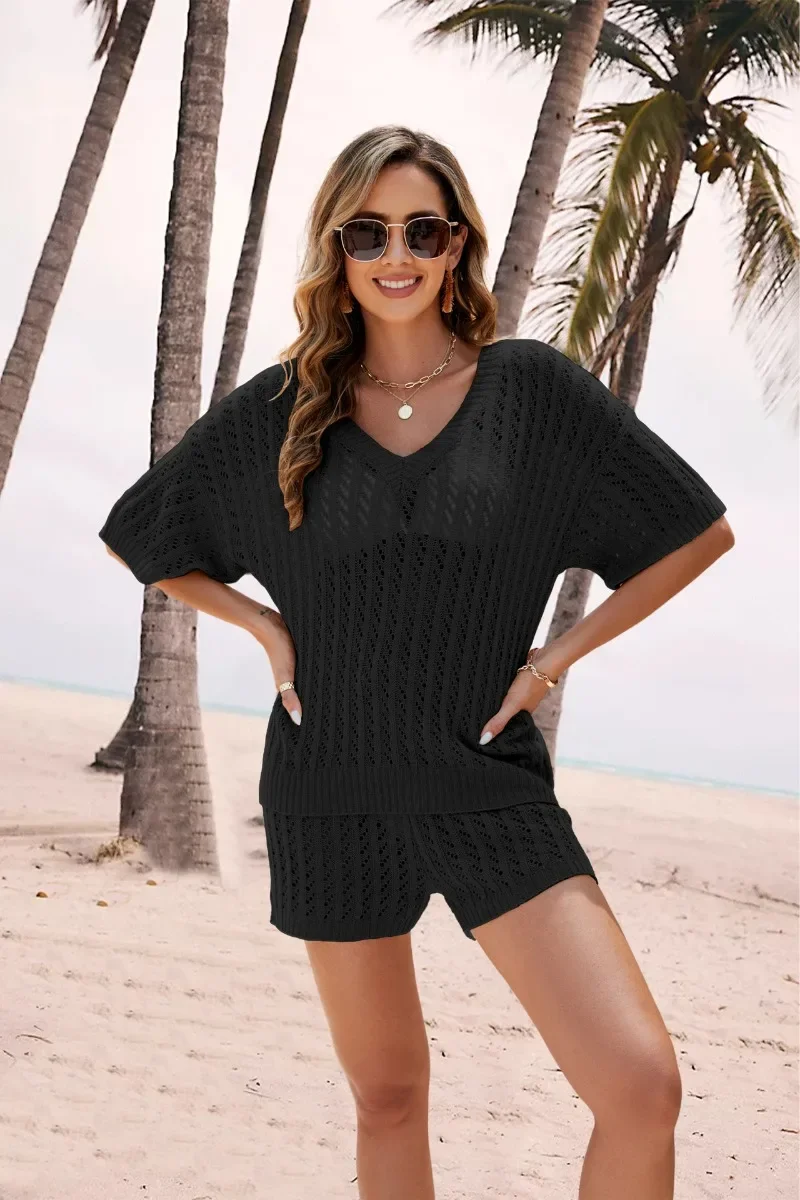 2024 Summer Hot Two Piece Solid Color Mesh Knitted Top High Waist Shorts Casual Women's Wear SFC25-3