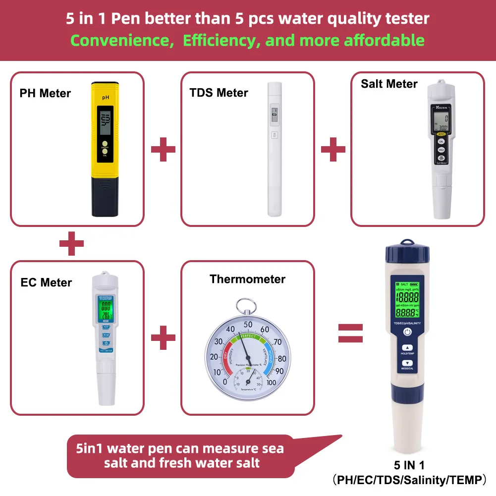 5 En 1 Multifuncional Portátil Digital De Calidad De Agua Tester Ph/Salina/Temp/Tds/Ec Monitor Meter Pen